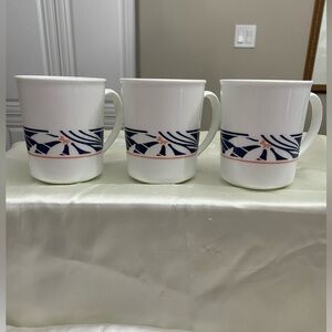 SET OF 3 CORELLE/CORNING MUGS WITH A DARK BLUE AND PINK BAND